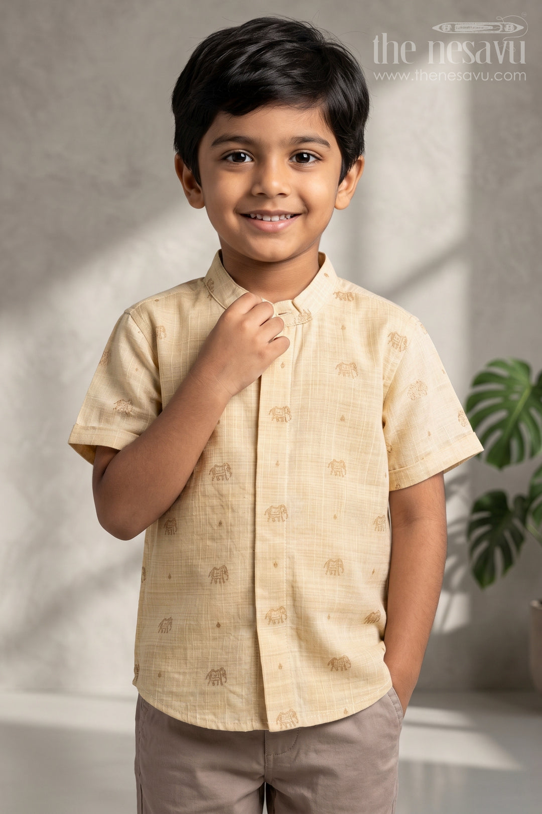 The Nesavu Boys Silk Shirt Boys Ethnic Silk Shirt for Wedding Functions and Temple Visits Nesavu 16 (1Y) / Cream / Raw Silk BS502B-16 Nesavu Boys Ethnic Raw Silk Shirt With Jacquard Elephant Motifs For Weddings And Festivals