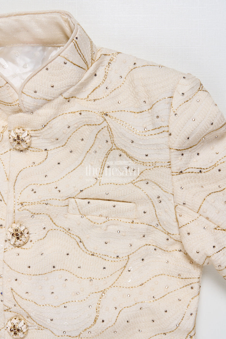 The Nesavu Boys Casual Set Boys Ethnic Wear Set In Raw Silk for Wedding and Festive Occasions Nesavu Nesavu boys ethnic set cream raw silk designer embroidery wedding occasions