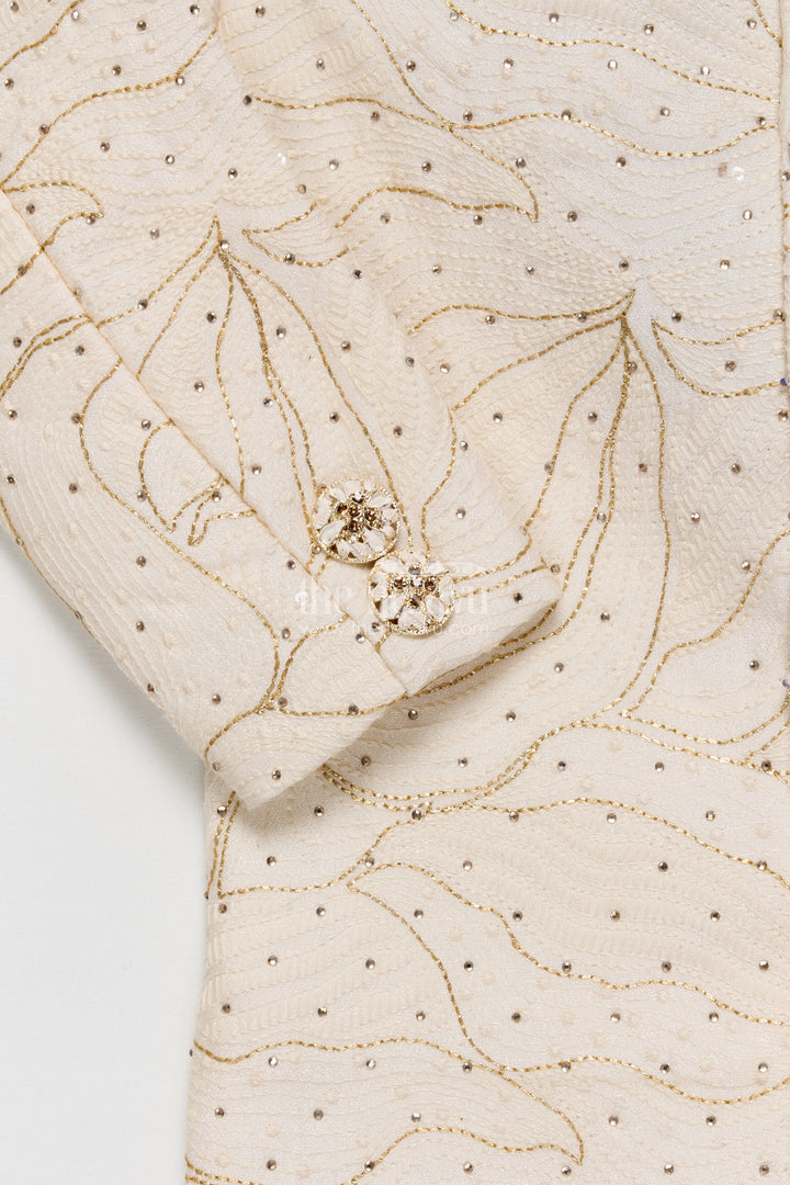 The Nesavu Boys Casual Set Boys Ethnic Wear Set In Raw Silk for Wedding and Festive Occasions Nesavu Nesavu boys ethnic set cream raw silk designer embroidery wedding occasions
