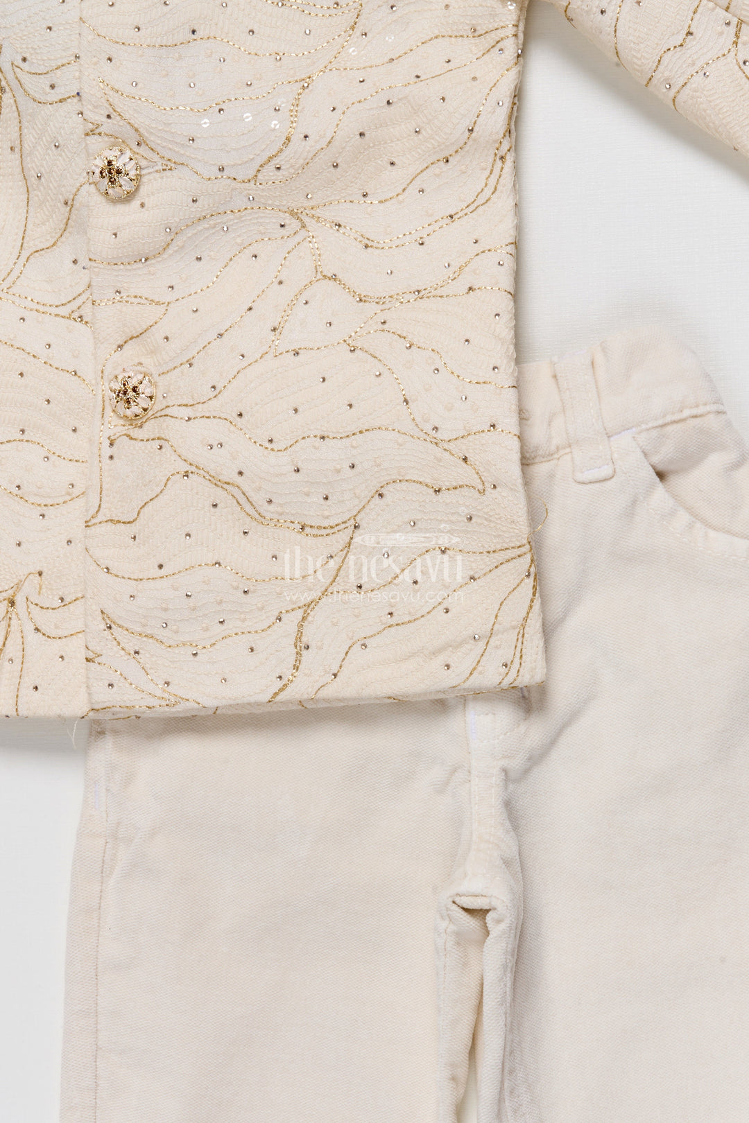 The Nesavu Boys Casual Set Boys Ethnic Wear Set In Raw Silk for Wedding and Festive Occasions Nesavu Nesavu boys ethnic set cream raw silk designer embroidery wedding occasions