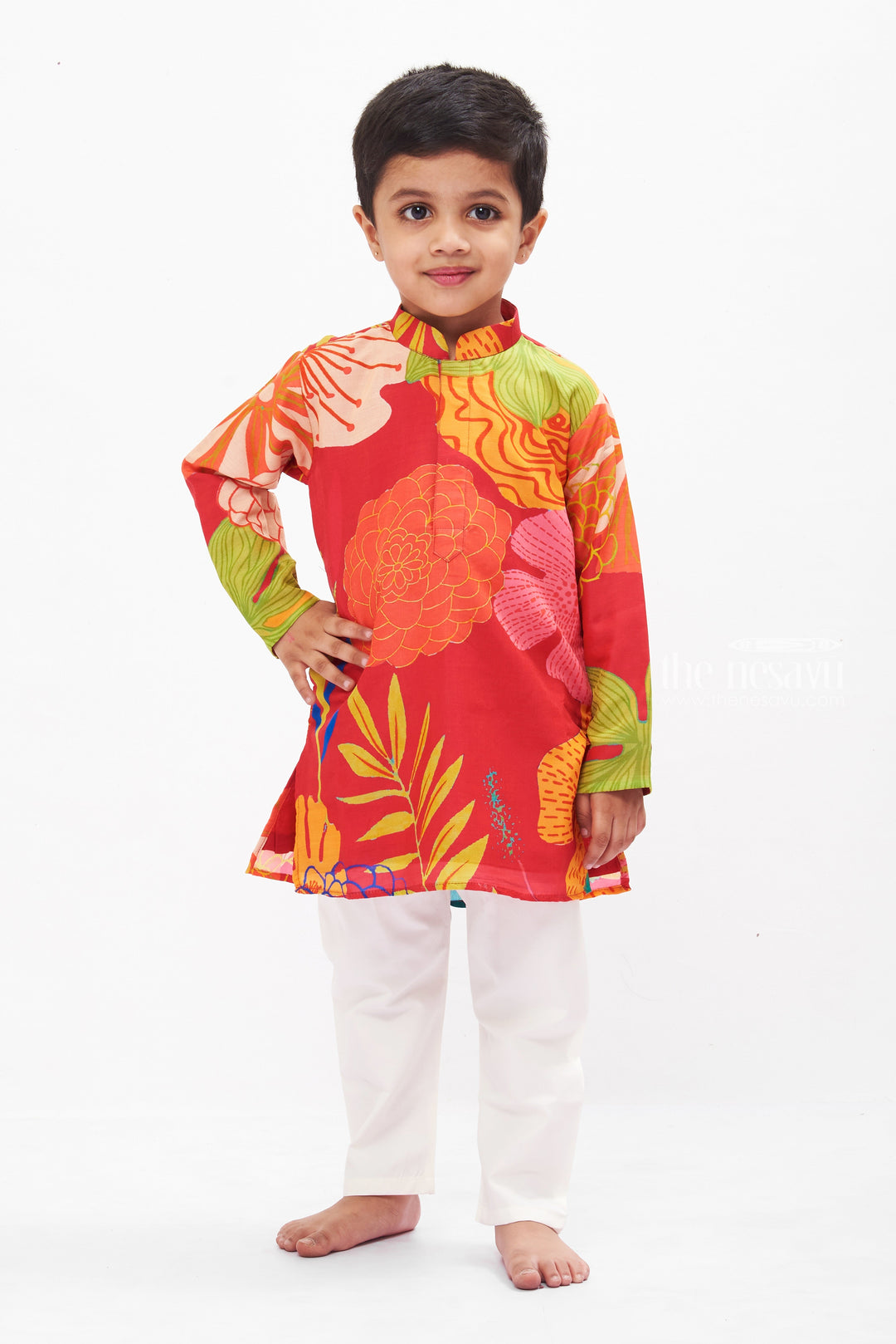 The Nesavu Boys Kurtha Set Boys Exotic Floral Kurta and Pant Ensemble - Unique and Colorful Nesavu 14 (6M) / Red BES505A-14 Boys Vibrant Floral Kurta Set | Festive & Fun Attire | Unique Patterns | The Nesavu