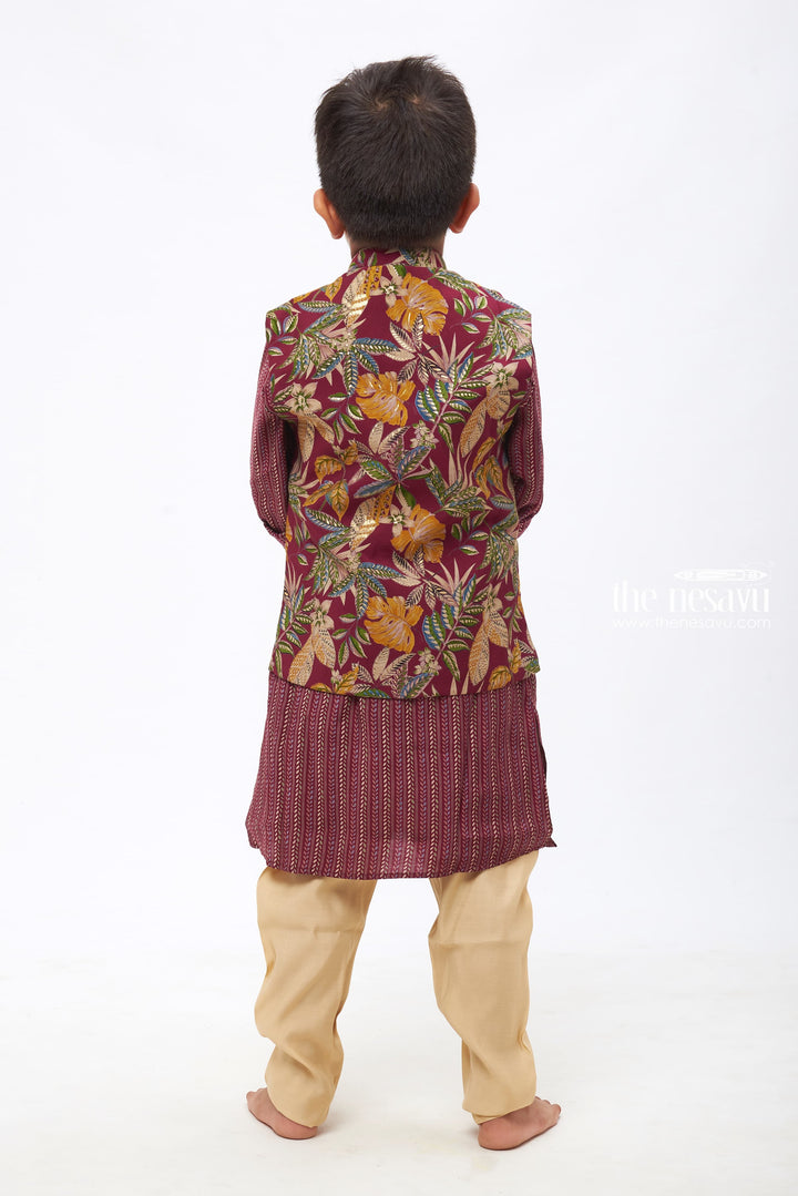 The Nesavu Boys Jacket Sets Boys Exquisite Wine-Colored Kurtha with Tropical Leaf and Floral Prints Nesavu Celebrate Traditions: Exclusive Kurta, Jacket, and Pant Sets | The Nesavu