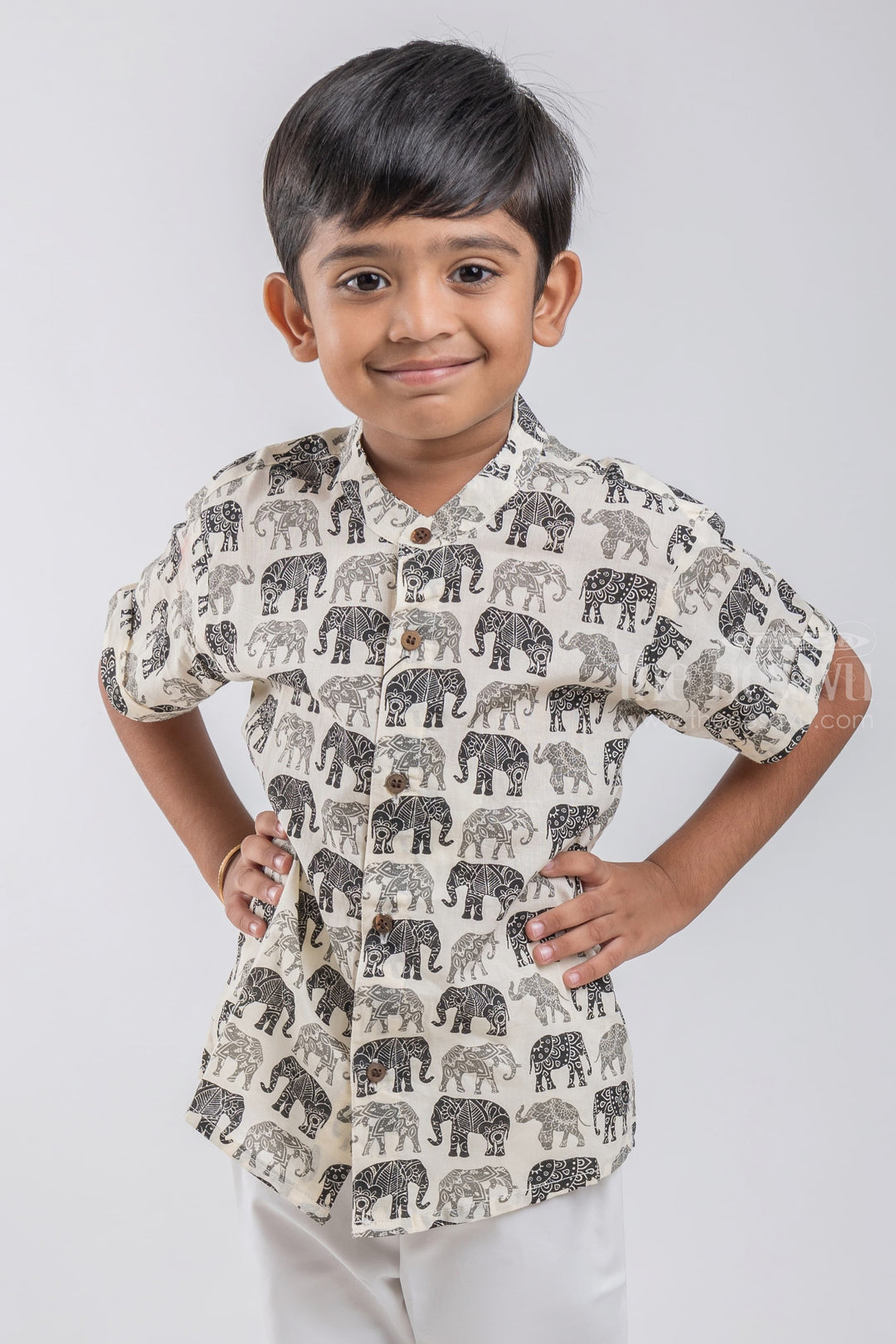 The Nesavu Boys Cotton Shirt Boys' Fashion with an Elephant Twist | Mul Cotton | Nesavu | Cute and Quirky Kids' Clothing psr silks Nesavu 14 (6M) / Half White / Cotton BS040A