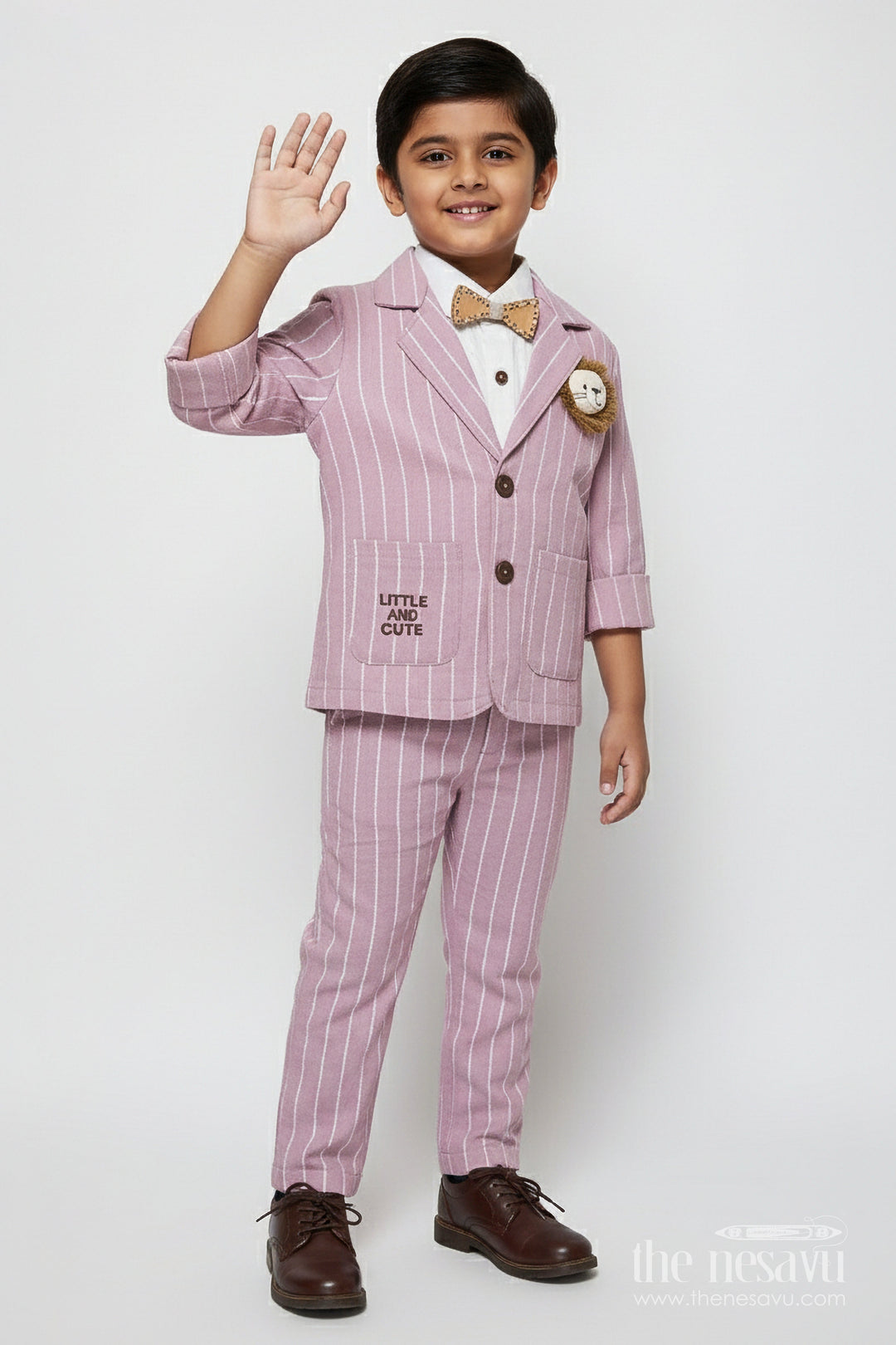 The Nesavu Boys Blazer Set Boys Festive Blazer Set with Jacquard Stripes and Bow Tie Detail Nesavu 16 (1Y) / Pink BCS488A-16 Nesavu boys jacquard blazer suit set bow tie  formal party outfit