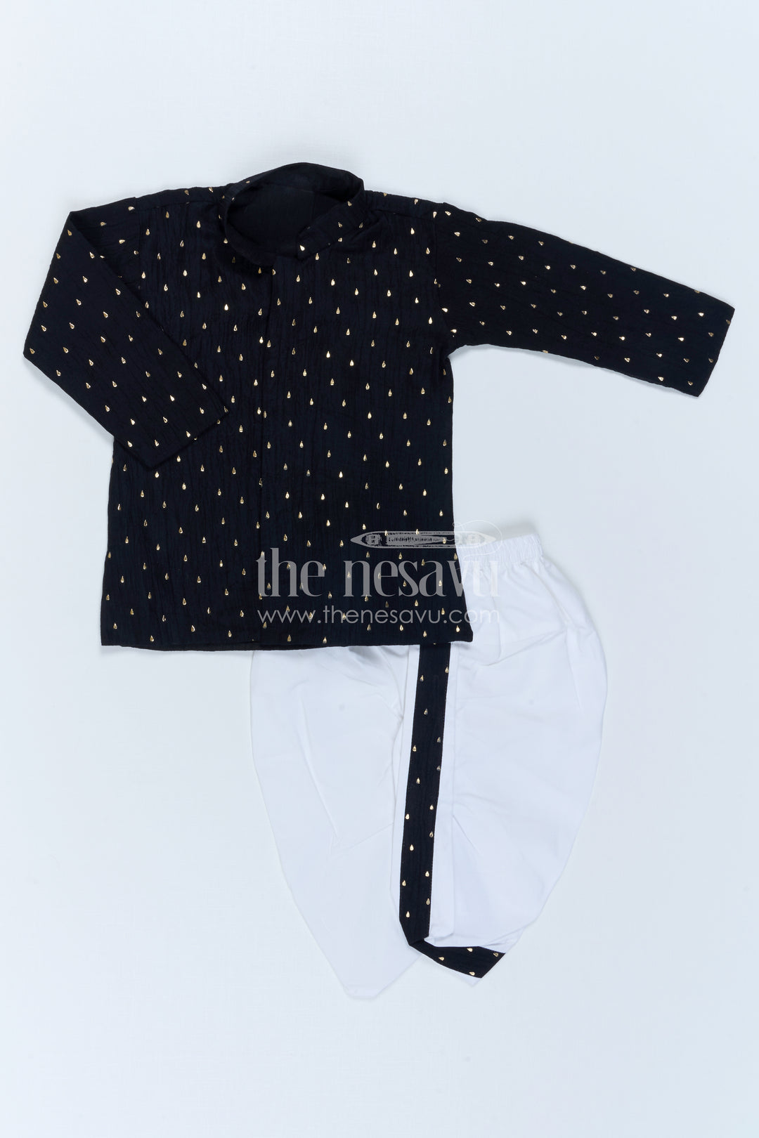 The Nesavu Boys Dothi Set Boys Festive Dothi Set for Traditional Family Occasions Nesavu 10 (NB) / Black / Viscose Silk BES1020C-10 Nesavu Boys Festive Dothi Set With Foil Motif Kurta For Traditional Family Celebrations