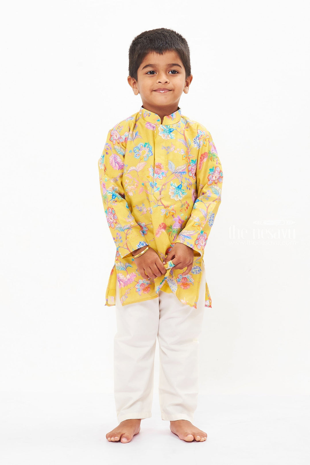 The Nesavu Boys Kurtha Set Boys Festive Floral Kurta and White Pant Set - Celebrate Diwali with Style Nesavu 14 (6M) / Yellow / Viscose Silk BES516A-14 Vibrant Boys Floral Kurta Set with White Pants | Perfect for Festive Celebrations | The Nesavu