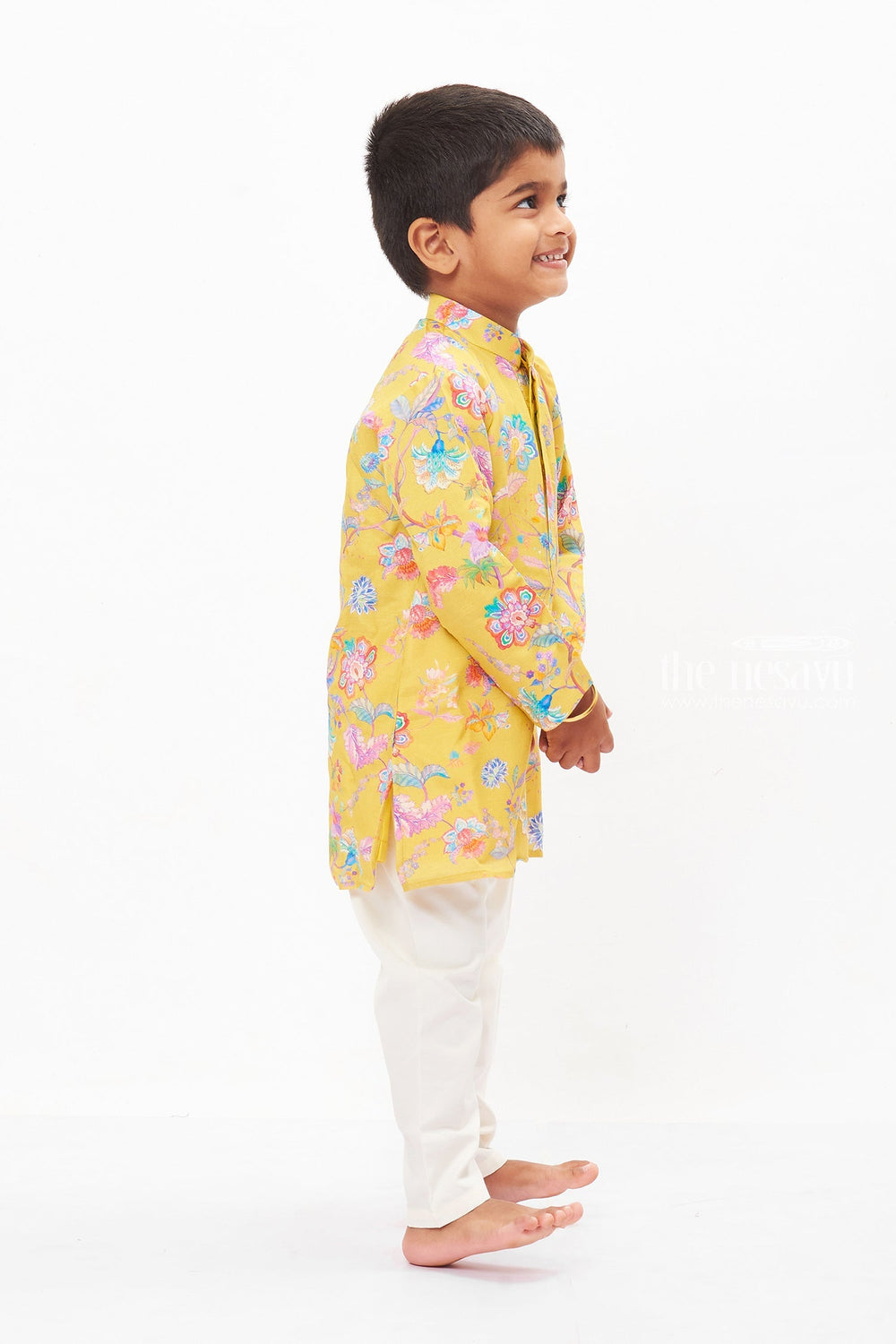 The Nesavu Boys Kurtha Set Boys Festive Floral Kurta and White Pant Set - Celebrate Diwali with Style Nesavu Vibrant Boys Floral Kurta Set with White Pants | Perfect for Festive Celebrations | The Nesavu