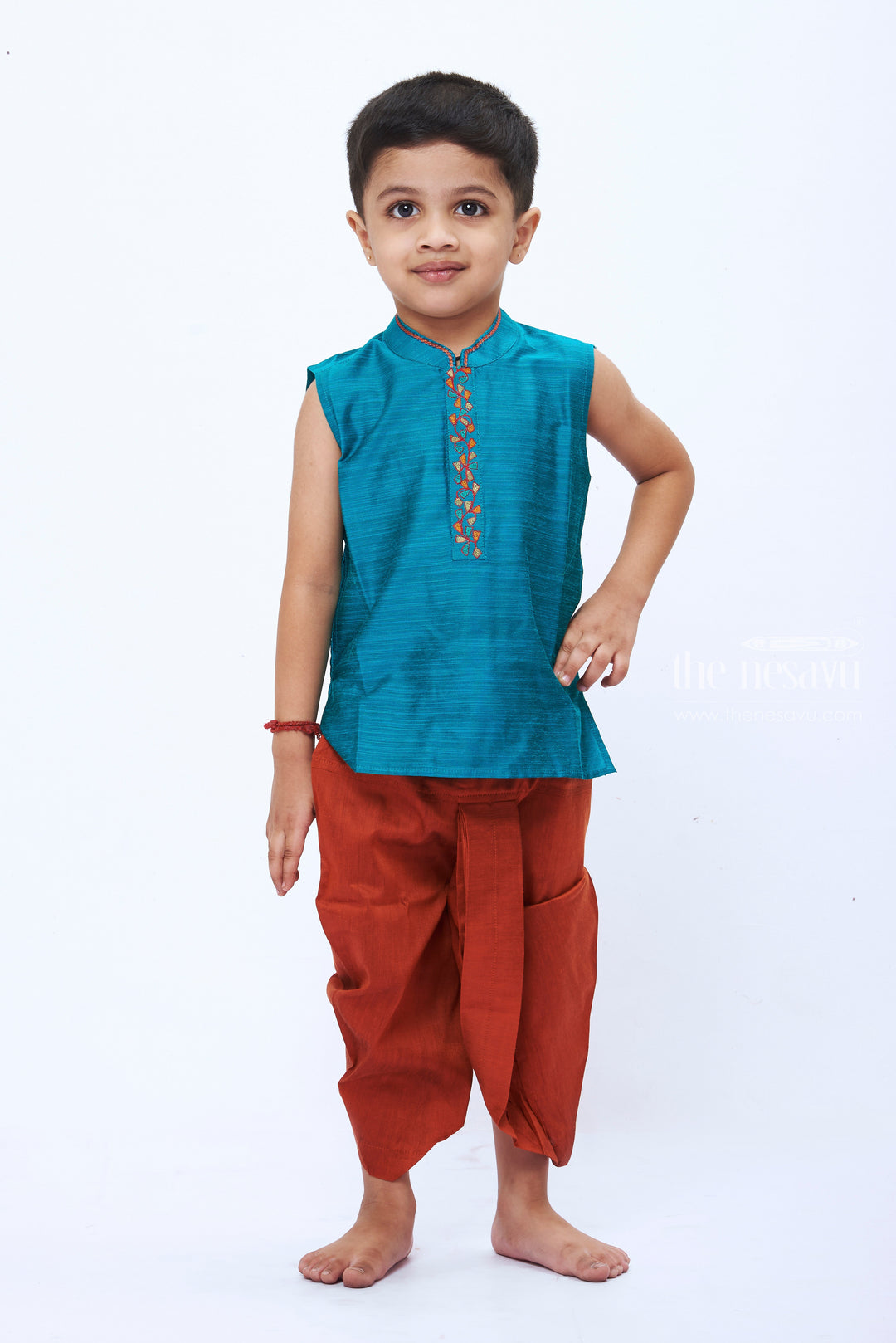 The Nesavu Boys Dothi Set Boys Festive Green Sleeveless Kurta with Dhoti Ensemble Nesavu 12 (3M) / Green / Blend Silk BES480B-12 Boys Green Sleeveless Kurta Dhoti Set | Traditional Festive Children s Wear