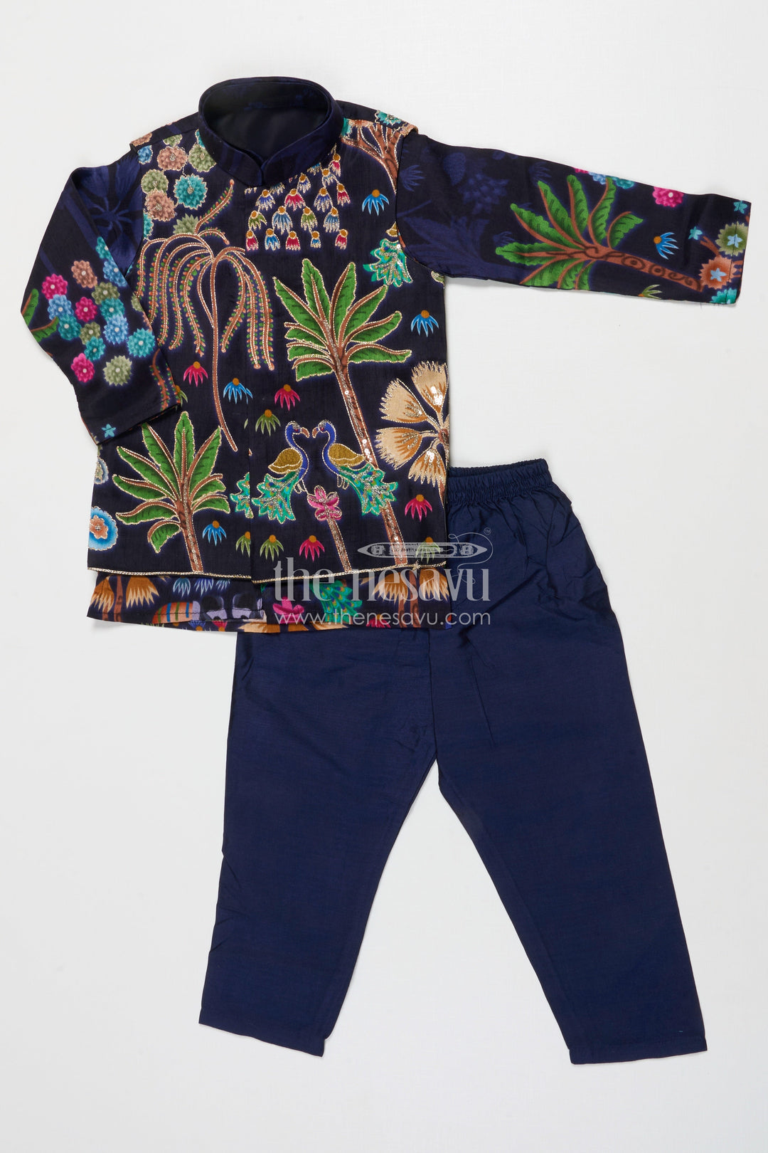 The Nesavu Boys Jacket Sets Boys Festive Jacket Kurta Set for Weddings and Photo Sessions Nesavu 16 (1Y) / Blue BES846A-16 Nesavu boys festive jacket kurta set with digital print – perfect for weddings and stage events