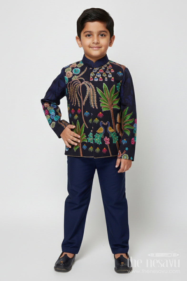 The Nesavu Boys Jacket Sets Boys Festive Jacket Kurta Set for Weddings and Photo Sessions Nesavu 16 (1Y) / Blue BES846A-16 Nesavu boys festive jacket kurta set with digital print – perfect for weddings and stage events
