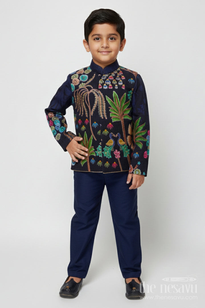 The Nesavu Boys Jacket Sets Boys Festive Jacket Kurta Set for Weddings and Photo Sessions Nesavu 16 (1Y) / Blue BES846A-16 Nesavu boys festive jacket kurta set with digital print – perfect for weddings and stage events