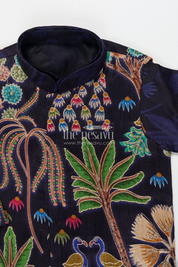 The Nesavu Boys Jacket Sets Boys Festive Jacket Kurta Set for Weddings and Photo Sessions Nesavu Nesavu boys festive jacket kurta set with digital print – perfect for weddings and stage events