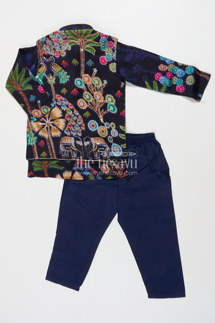 The Nesavu Boys Jacket Sets Boys Festive Jacket Kurta Set for Weddings and Photo Sessions Nesavu Nesavu boys festive jacket kurta set with digital print – perfect for weddings and stage events