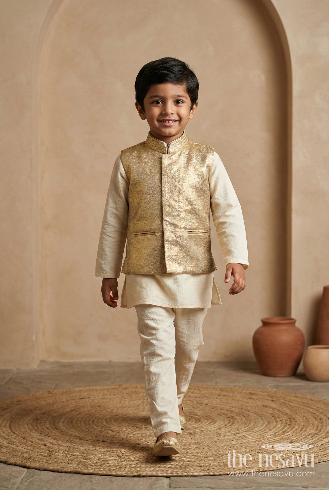 The Nesavu Boys Jacket Sets Boys Festive Jacket Kurta Set for Weddings and Traditional Celebrations Nesavu 18 (2Y) / Gold BES751C-18 Nesavu boys silk blend festive jacket kurta set weddings traditional functions