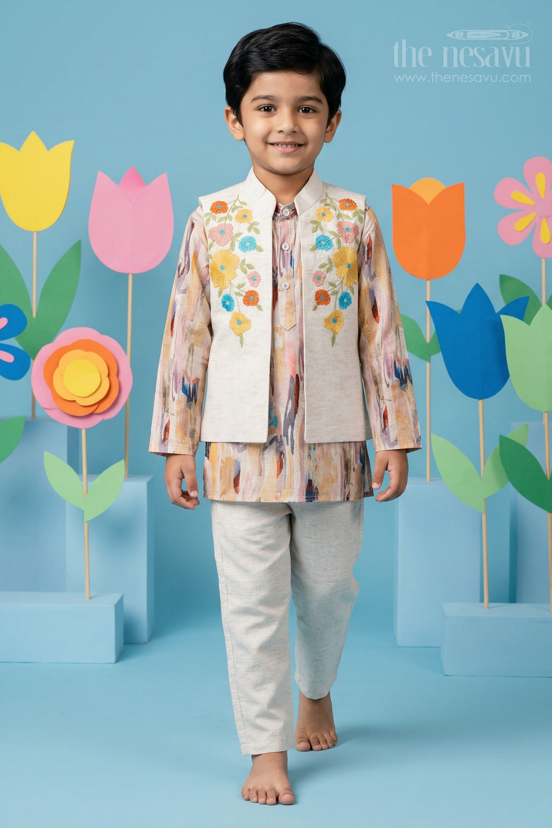 The Nesavu Boys Jacket Sets Boys Festive Jacket Set for Weddings and Traditional Celebrations Nesavu 16 (1Y) / Yellow / Cotton BCS579A-16 Nesavu boys cotton jacket set with digital print jacket for weddings festive celebrations and events