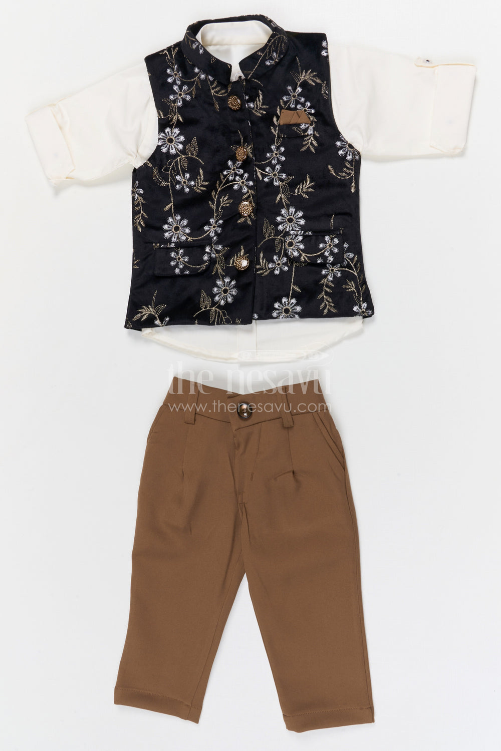 The Nesavu Boys Jacket Sets Boys Festive Jacket Set for Weddings Nesavu 16 (1Y) / Black / Cotton BES958A-16 Nesavu boys cotton cambric embroidered jacket set for weddings festive celebrations and special events