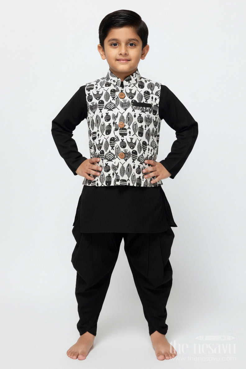 The Nesavu Boys Jacket Sets Boys Festive Jacket Set with Digital Print for Weddings and Birthdays Nesavu 12 (3M) / Black BES717A-12 Nesavu boys silk blend festive jacket set digital print birthday ethnic celebrations