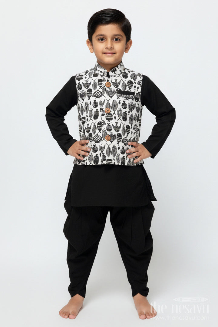 The Nesavu Boys Jacket Sets Boys Festive Jacket Set with Digital Print for Weddings and Birthdays Nesavu 12 (3M) / Black BES717A-12 Nesavu boys silk blend festive jacket set digital print birthday ethnic celebrations