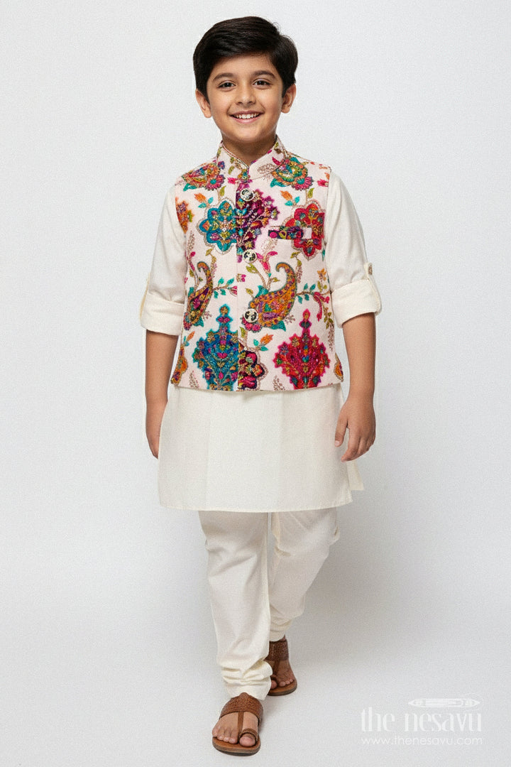 The Nesavu Boys Jacket Sets Boys Festive Jacket Set with Embroidered Details for Weddings and Parties Nesavu 16 (1Y) / Cream BES921A-16 Nesavu boys embroidered festive jacket set muslin silk weddings family celebrations