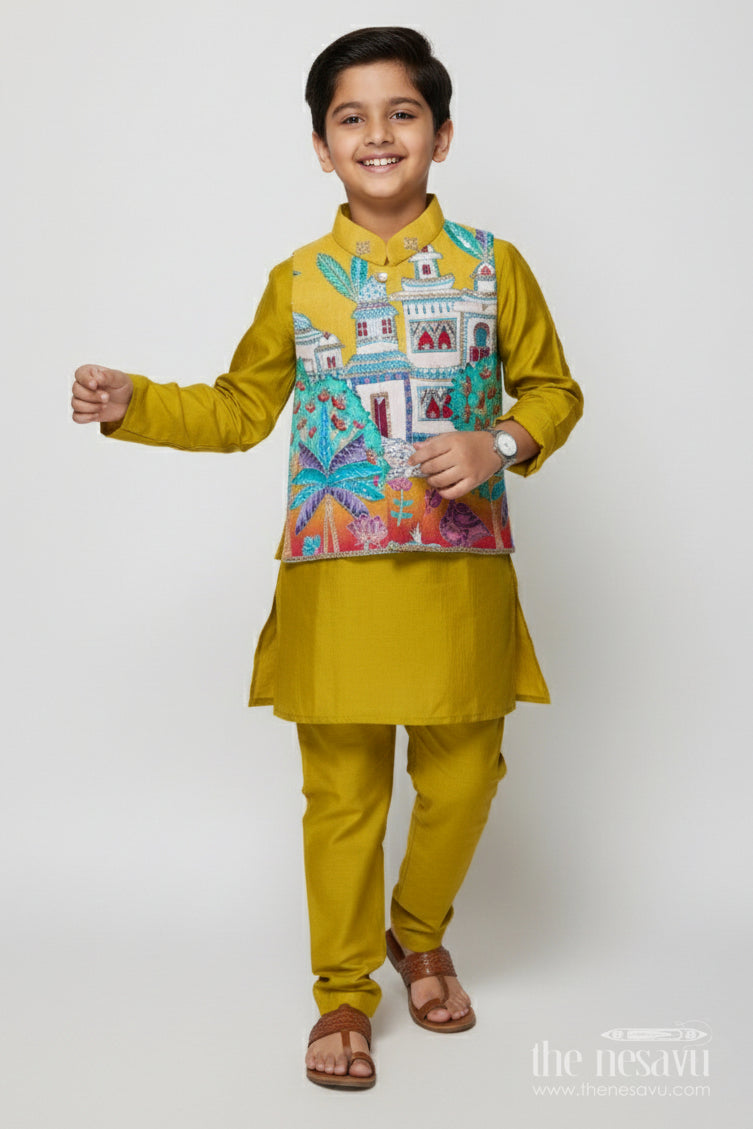 The Nesavu Boys Jacket Sets Boys Festive Jacket Set with Embroidered Digital Print for Weddings Nesavu 16 (1Y) / Green BES847A-16 Nesavu boys ethnic jacket set embroidered digital print weddings festive functions