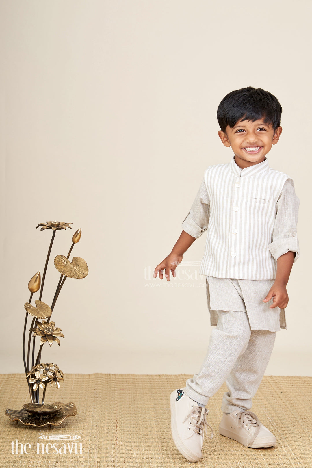 The Nesavu Boys Jacket Sets Boys festive jacket set with striped cotton Nehru jacket Nesavu 12 (3M) / Gray BES866A-12 Nesavu boys cotton jacket set striped Nehru jacket  traditional festive wear