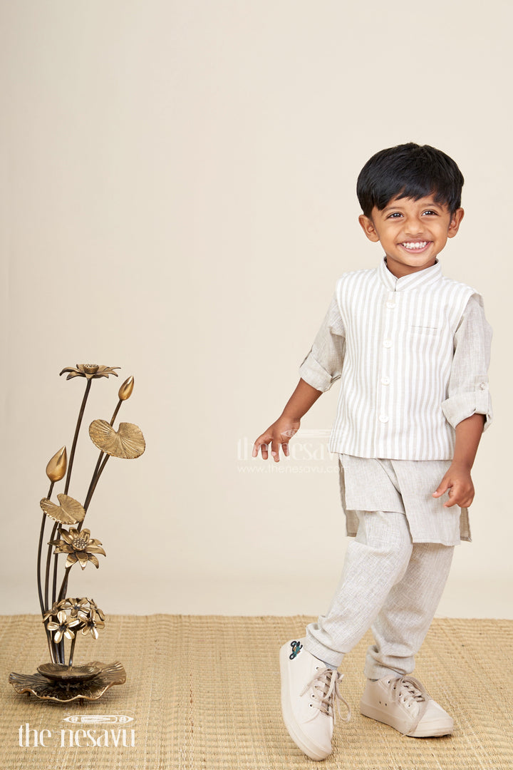 The Nesavu Boys Jacket Sets Boys festive jacket set with striped cotton Nehru jacket Nesavu 12 (3M) / Gray BES866A-12 Nesavu boys cotton jacket set striped Nehru jacket  traditional festive wear