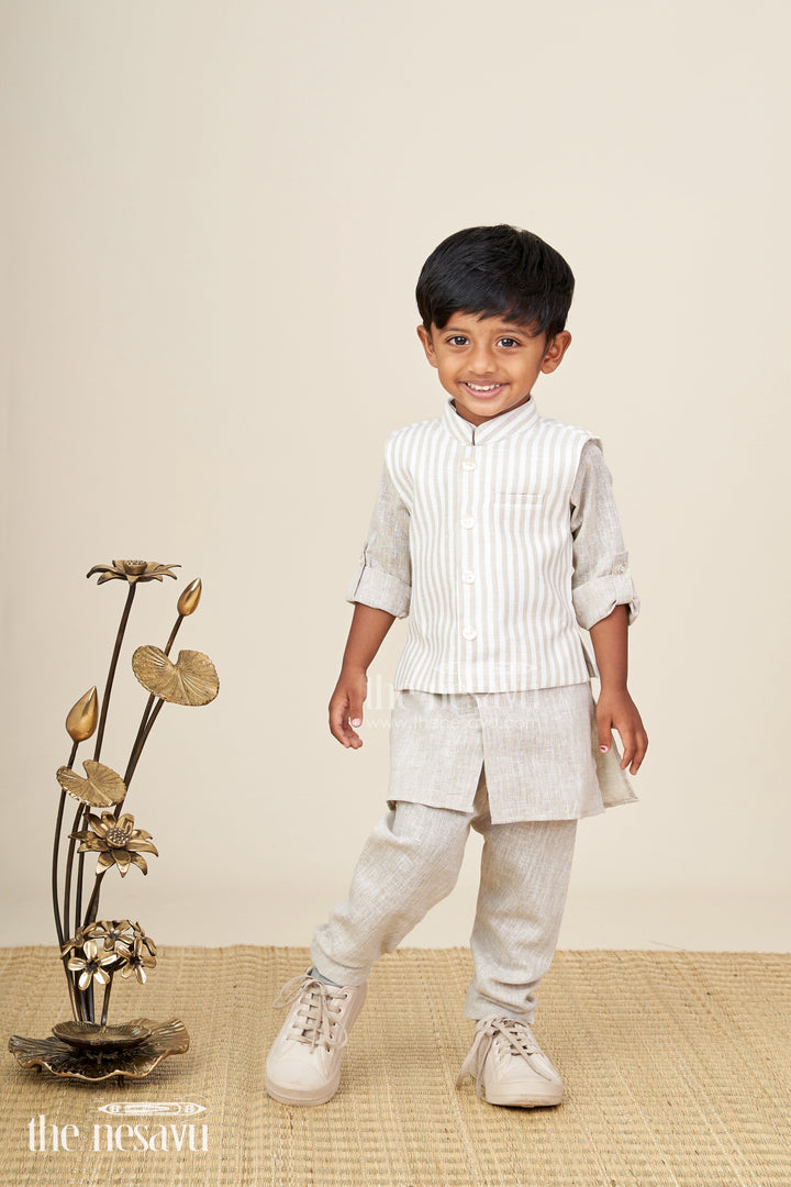 The Nesavu Boys Jacket Sets Boys festive jacket set with striped cotton Nehru jacket Nesavu Nesavu boys cotton jacket set striped Nehru jacket  traditional festive wear
