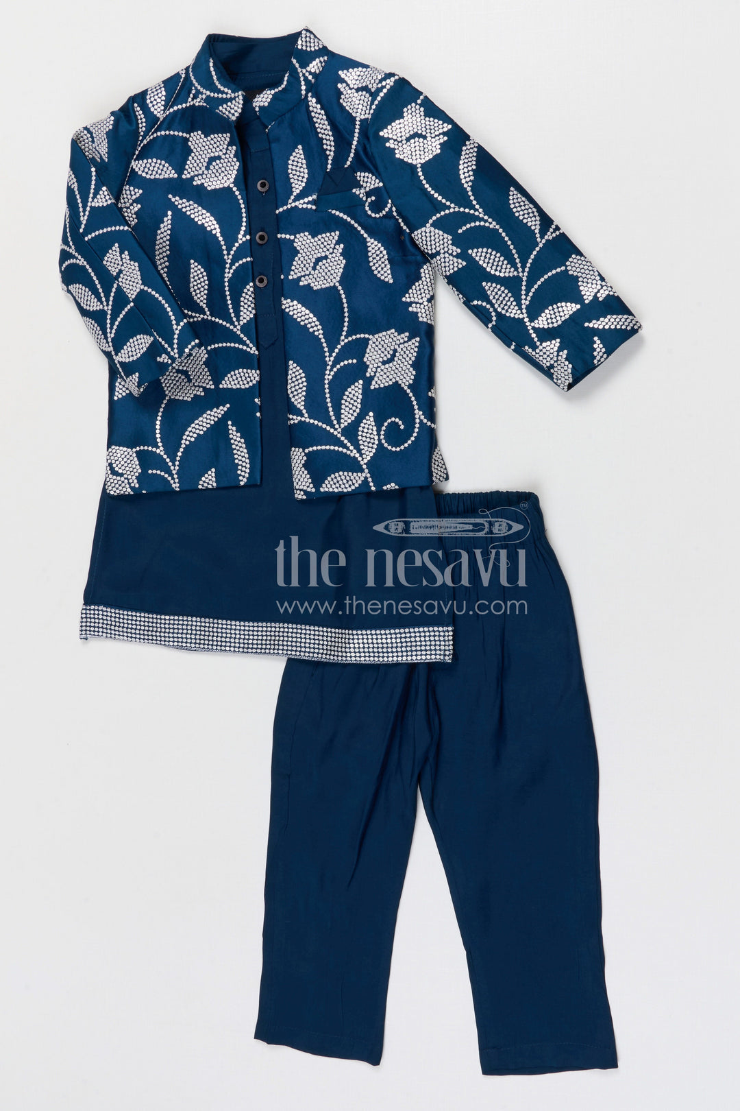 The Nesavu Boys Jacket Sets Boys Festive Kurta Jacket Set for Weddings and Special Occasions Nesavu 16 (1Y) / Blue / Cotton Silk BES960B-16 Nesavu boys silk cotton embroidered kurta jacket set for festive occasions weddings and celebrations