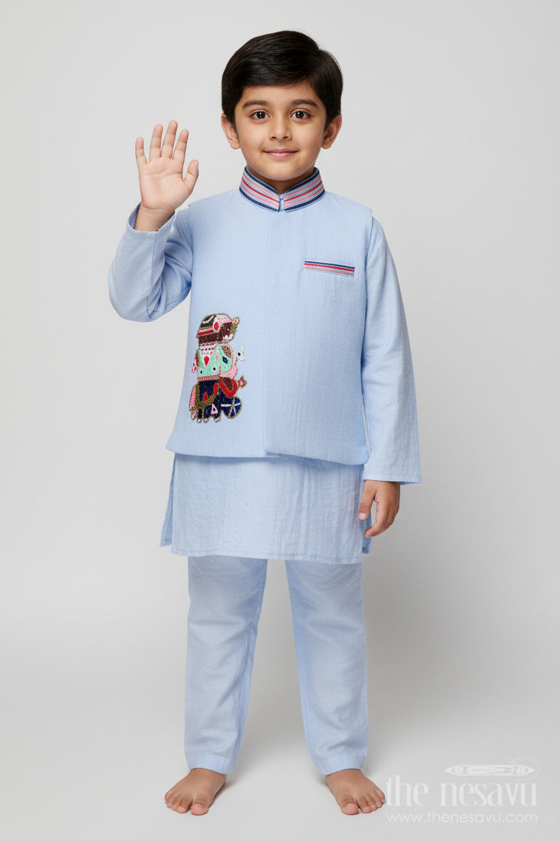 The Nesavu Boys Jacket Sets Boys Festive Kurta Set with Patch Embroidery for Ethnic Day and Pujas Nesavu 18 (2Y) / Blue BES742E-18 Nesavu boys ethnic cotton kurta set designer patch festive school days family pujas