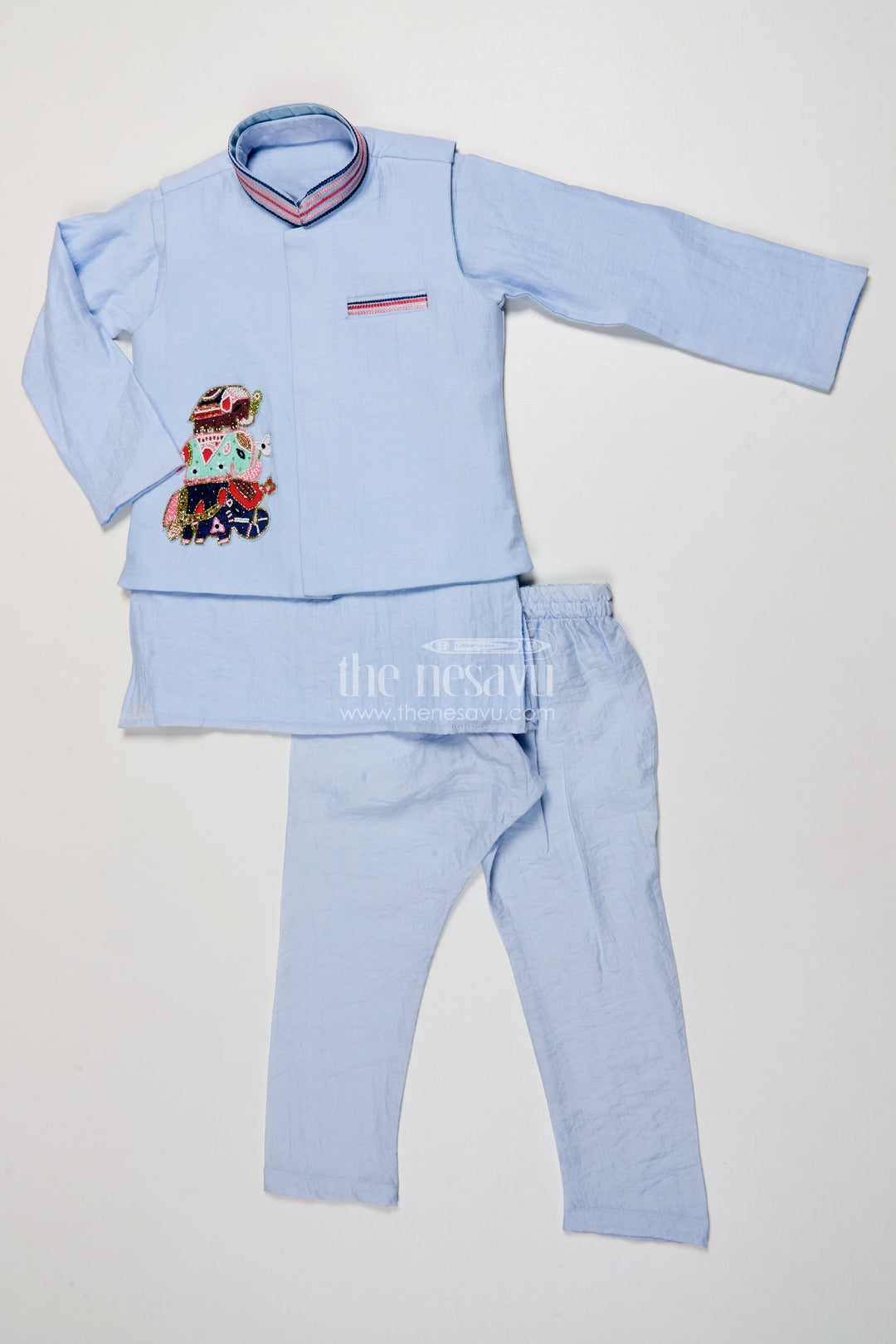 The Nesavu Boys Jacket Sets Boys Festive Kurta Set with Patch Embroidery for Ethnic Day and Pujas Nesavu 18 (2Y) / Pink BES742B-18 Nesavu boys ethnic cotton kurta set designer patch festive school days family pujas