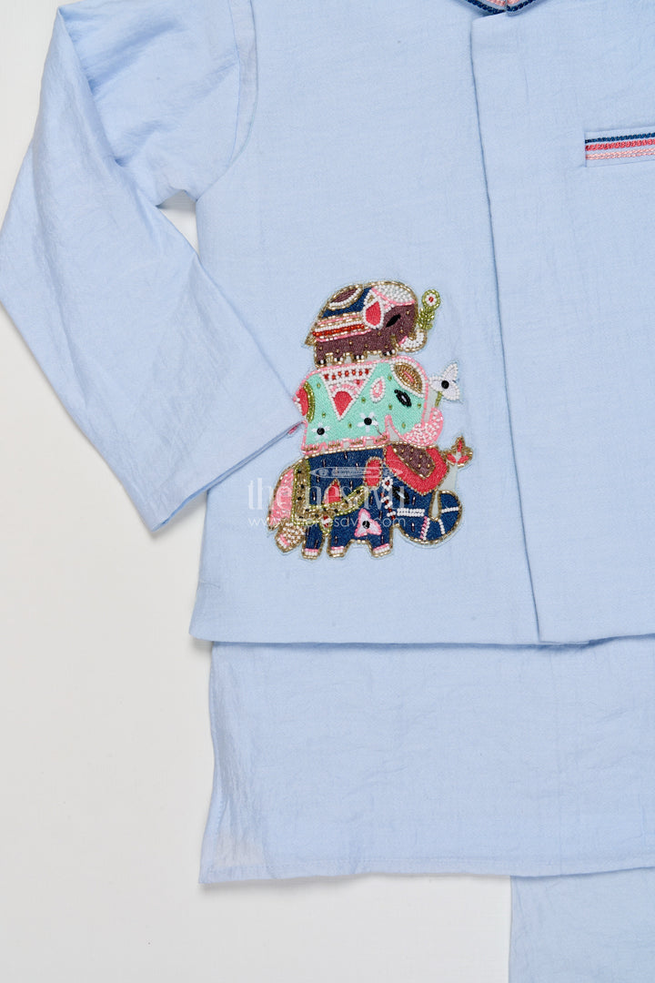 The Nesavu Boys Jacket Sets Boys Festive Kurta Set with Patch Embroidery for Ethnic Day and Pujas Nesavu Nesavu boys ethnic cotton kurta set designer patch festive school days family pujas