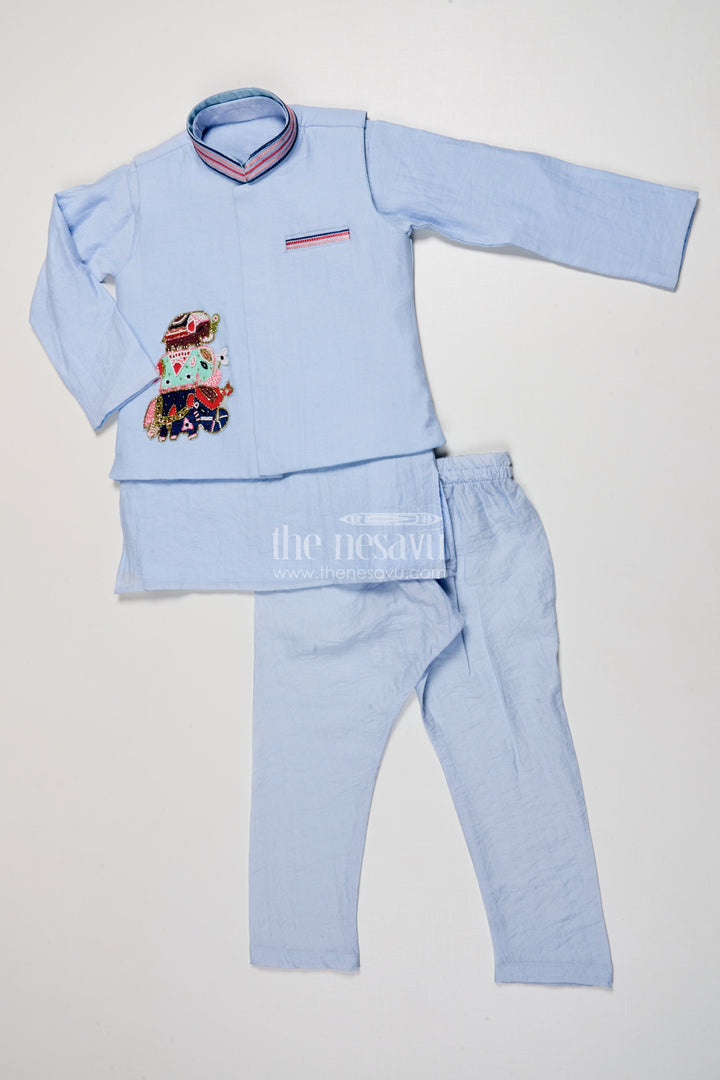 The Nesavu Boys Jacket Sets Boys Festive Kurta Set with Patch Embroidery for Ethnic Day and Pujas Nesavu Nesavu boys ethnic cotton kurta set designer patch festive school days family pujas