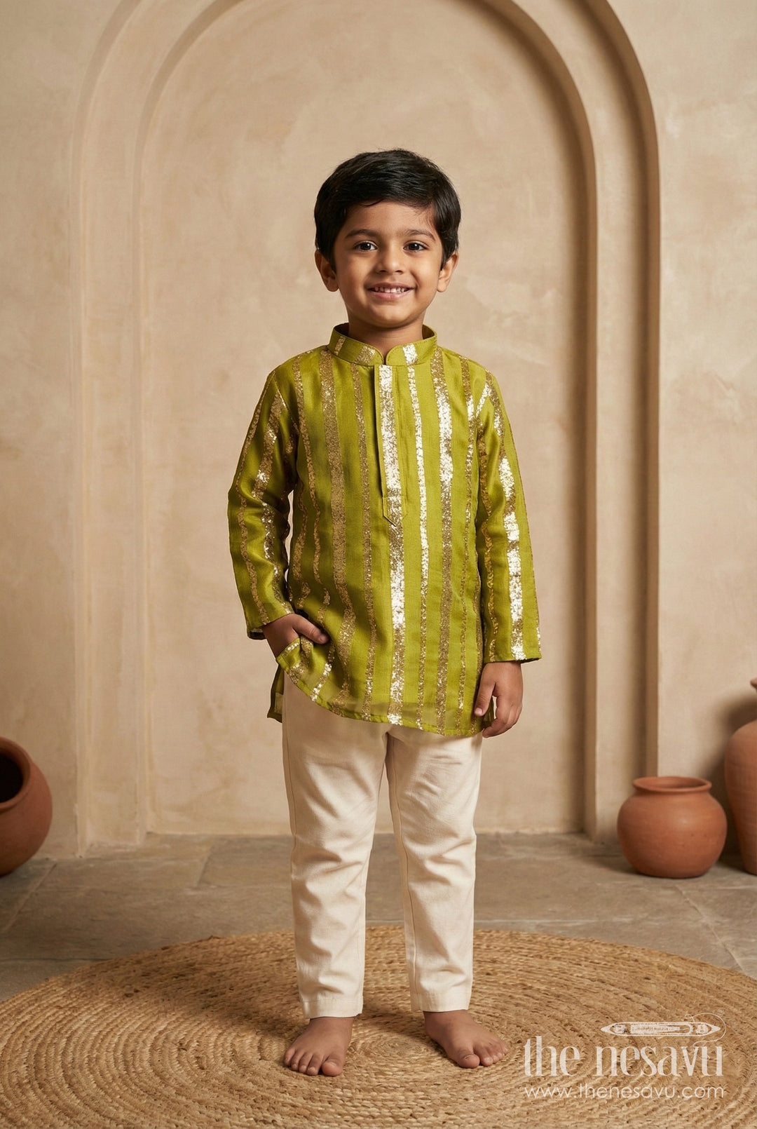 The Nesavu Boys Kurtha Set Boys Festive Kurta Set with Zari Detail for Weddings and Cultural Occasions Nesavu 14 (6M) / Green BES760B-14 Nesavu boys festive kurta set Banaras zari design  ideal weddings ethnic events