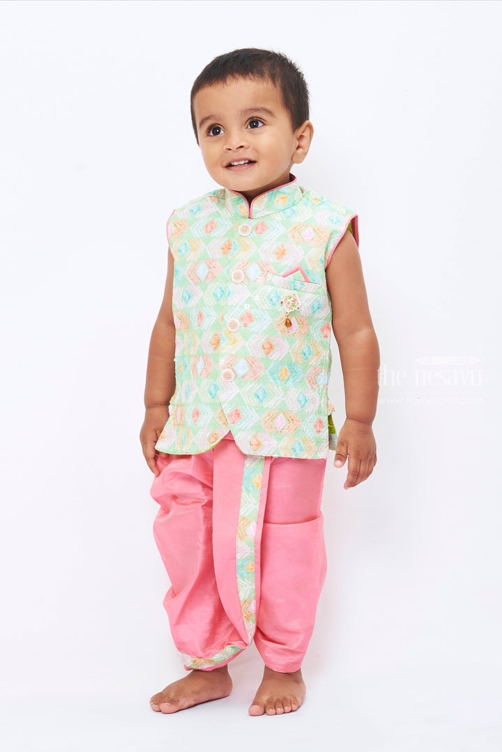 The Nesavu Boys Dothi Set Boys Festive Kurta with Dhoti Pants - Enchanting Pink and Mint Ensemble for Celebrations Nesavu 12 (3M) / Green / Silk Blend BES490C-12 Traditional Dhoti Kurta for Boys | Kids Festive Sherwani Ensemble | The Nesavu