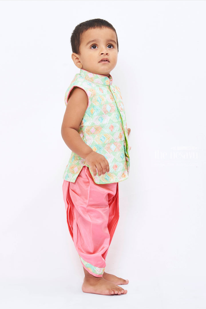 The Nesavu Boys Dothi Set Boys Festive Kurta with Dhoti Pants - Enchanting Pink and Mint Ensemble for Celebrations Nesavu Traditional Dhoti Kurta for Boys | Kids Festive Sherwani Ensemble | The Nesavu