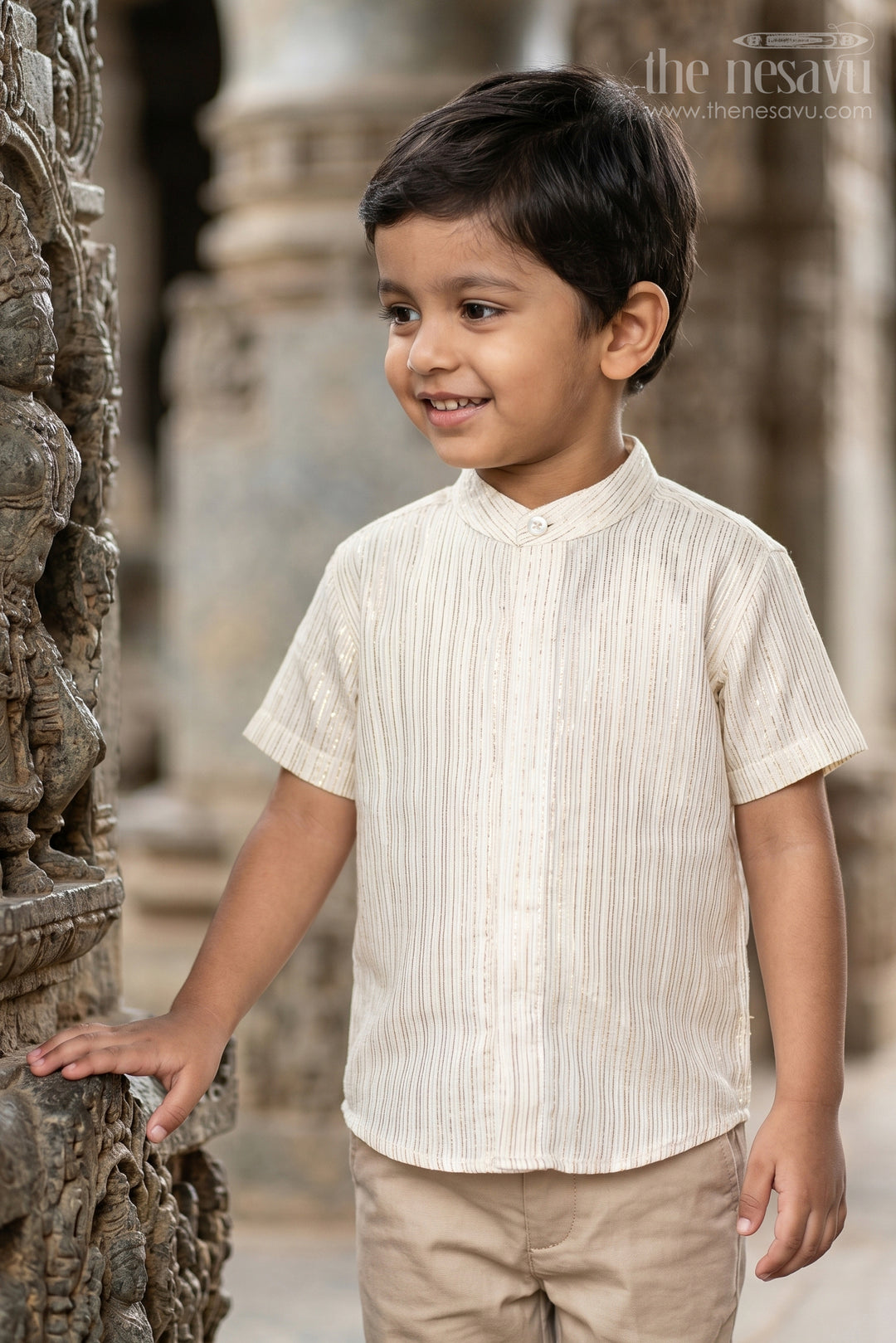 The Nesavu Boys Cotton Shirt Boys Festive Shirt for Family Celebration Wear Nesavu 16 (1Y) / White / Lurex BS516A-16 Nesavu Boys Festive Shirt For Family Celebration Wear With Lurex Zari Cotton And Mandarin Collar BS516A-16