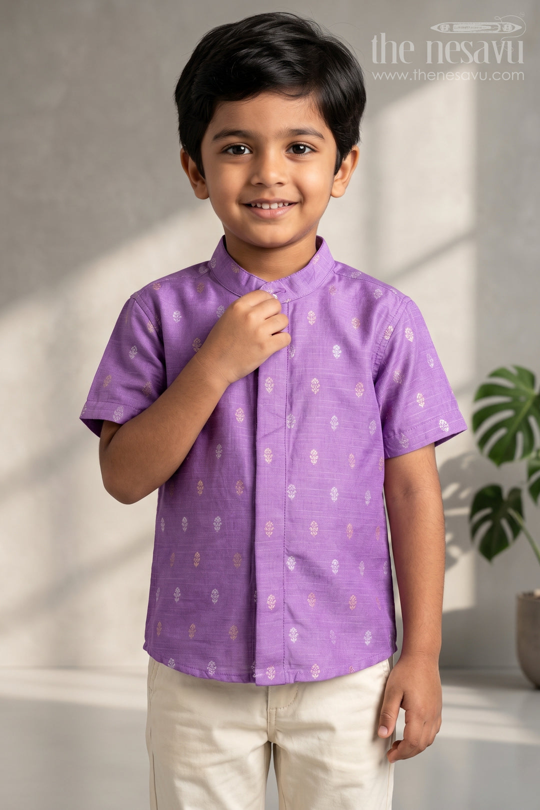 The Nesavu Boys Silk Shirt Boys Festive Silk Shirt for Cultural Events and Family Gatherings Nesavu 16 (1Y) / Purple / Raw Silk BS504C-16 Nesavu Boys Festive Raw Silk Shirt With Jacquard Butta Motifs For Cultural Celebrations