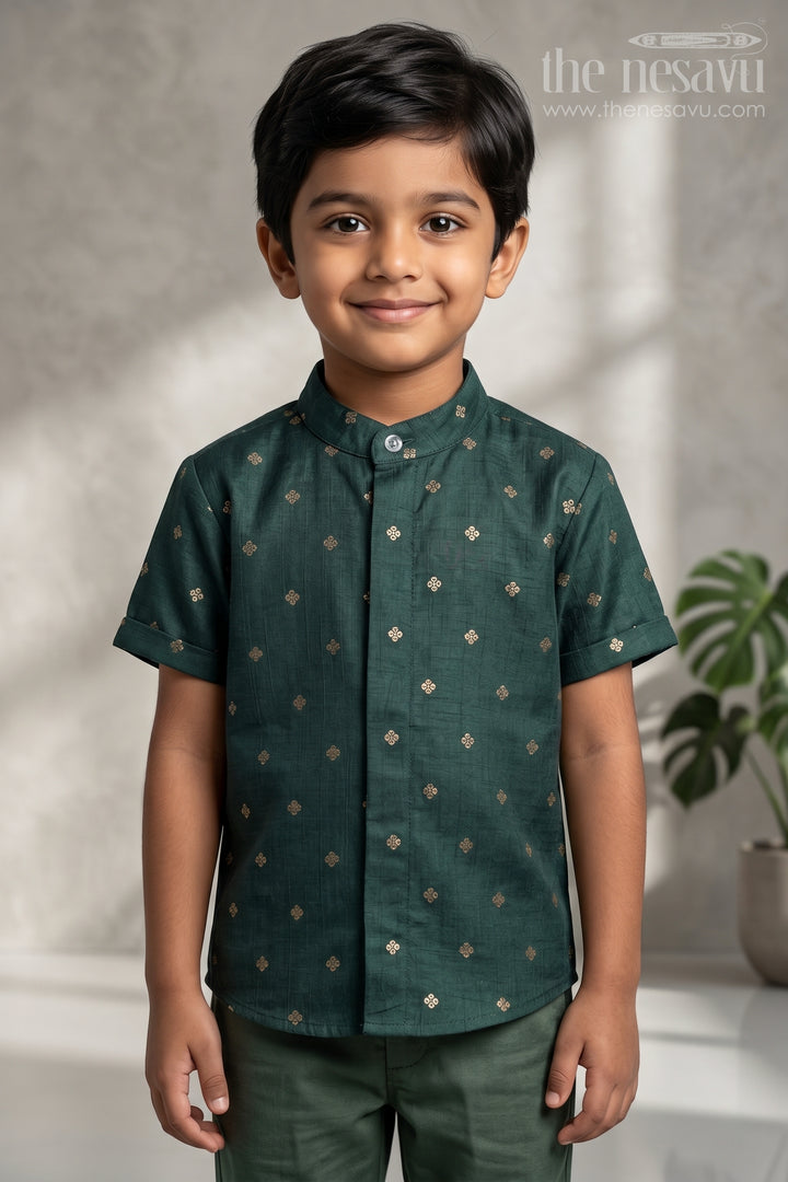 The Nesavu Boys Silk Shirt Boys Festive Silk Shirt for Wedding Receptions and Family Functions Nesavu 16 (1Y) / Green / Raw Silk BS503B-16 Nesavu Boys Raw Silk Shirt With Jacquard Butta Design For Weddings And Festive Gatherings