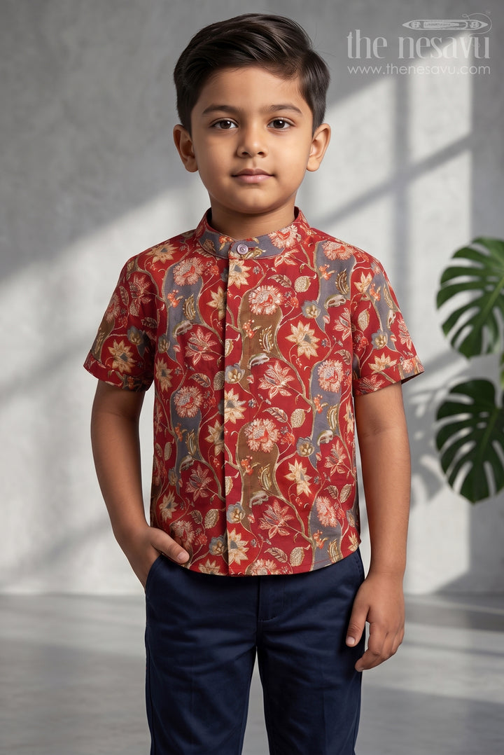 The Nesavu Boys Cotton Shirt Boys Floral Cotton Shirta Timeless Elegance Nesavu 16 (1Y) / Maroon / Viscose Silk BS133A-16 Boys Floral Print Shirt | The Nesavu