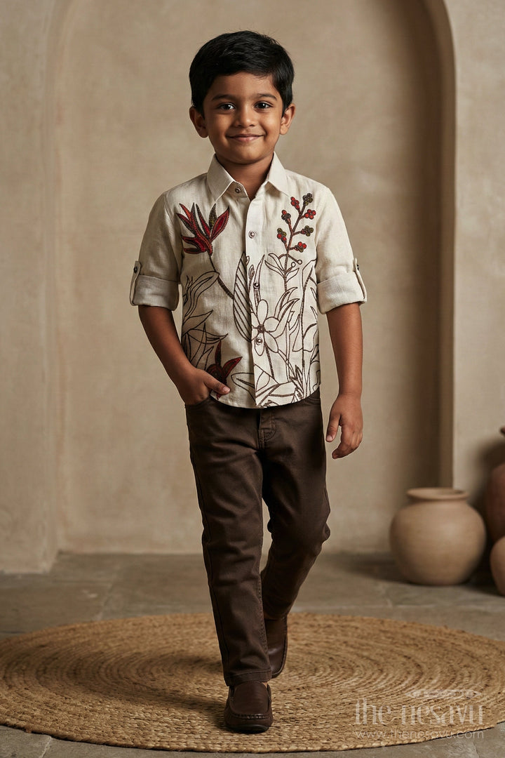 The Nesavu Boys Casual Set Boys Floral Embroidered Cotton Shirt with Trousers Casual Festive Wear Nesavu Nesavu boys casual cotton outfit floral embroidery  perfect everyday festive looks