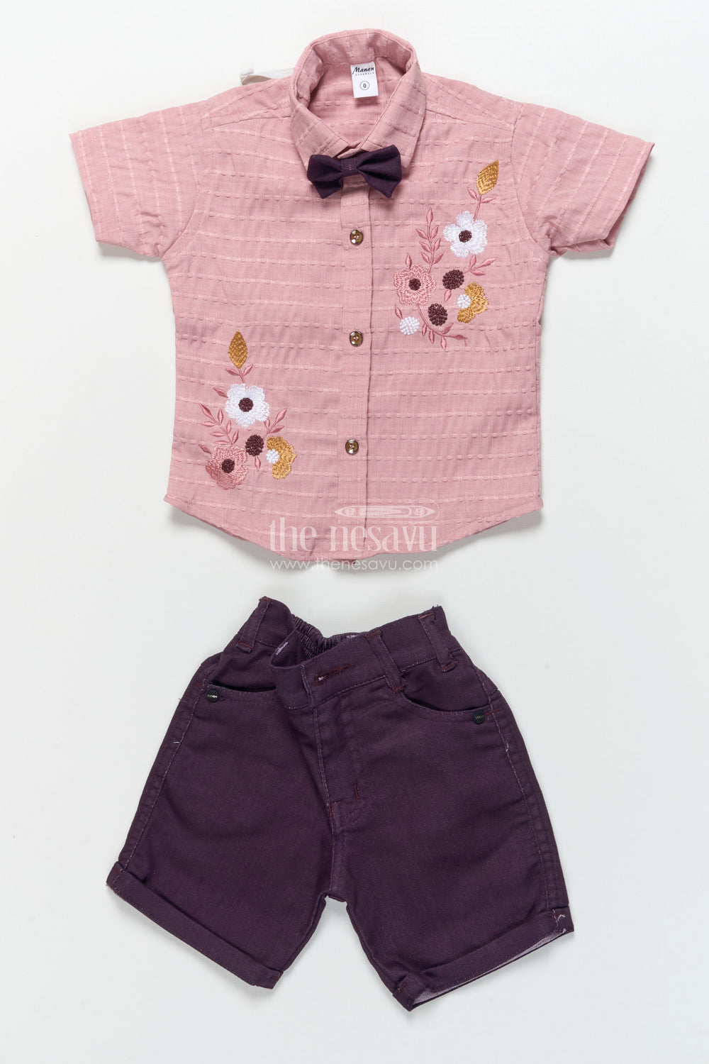 The Nesavu Boys Casual Set Boys Floral Embroidered Outfit for Casual Functions and Family Photos Nesavu Nesavu boys floral embroidered shirt shorts set bow tie festive events photo days