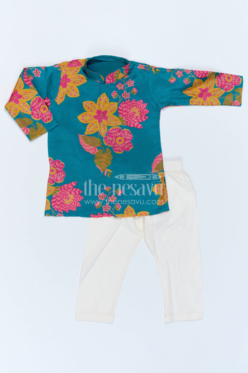 The Nesavu Boys Kurtha Set Boys Floral Kurta Set for Festive Family Celebrations Nesavu 14 (6M) / Blue / Viscose Silk BES1019A-14 Nesavu Boys Floral Kurta Set With Digital Print For Festive Celebrations And Family Functions