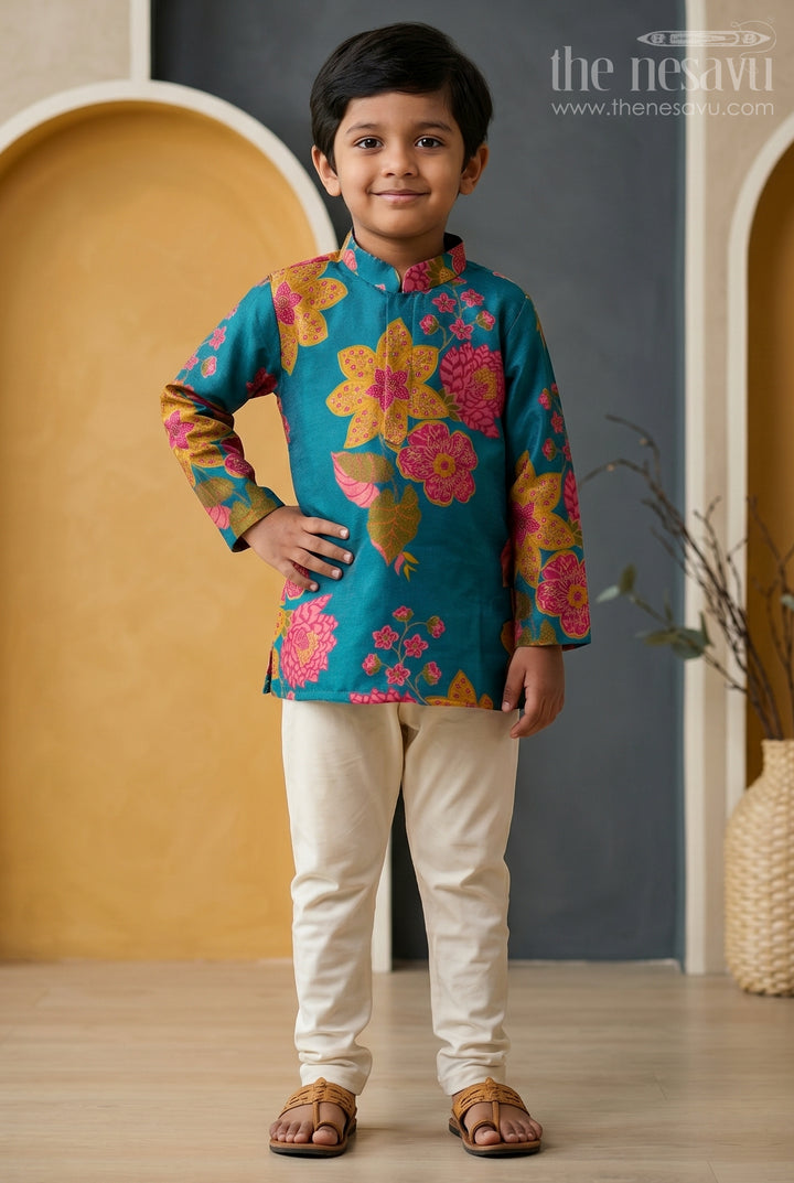 The Nesavu Boys Kurtha Set Boys Floral Kurta Set for Festive Family Celebrations Nesavu 14 (6M) / Blue / Viscose Silk BES1019A-14 Nesavu Boys Floral Kurta Set With Digital Print For Festive Celebrations And Family Functions