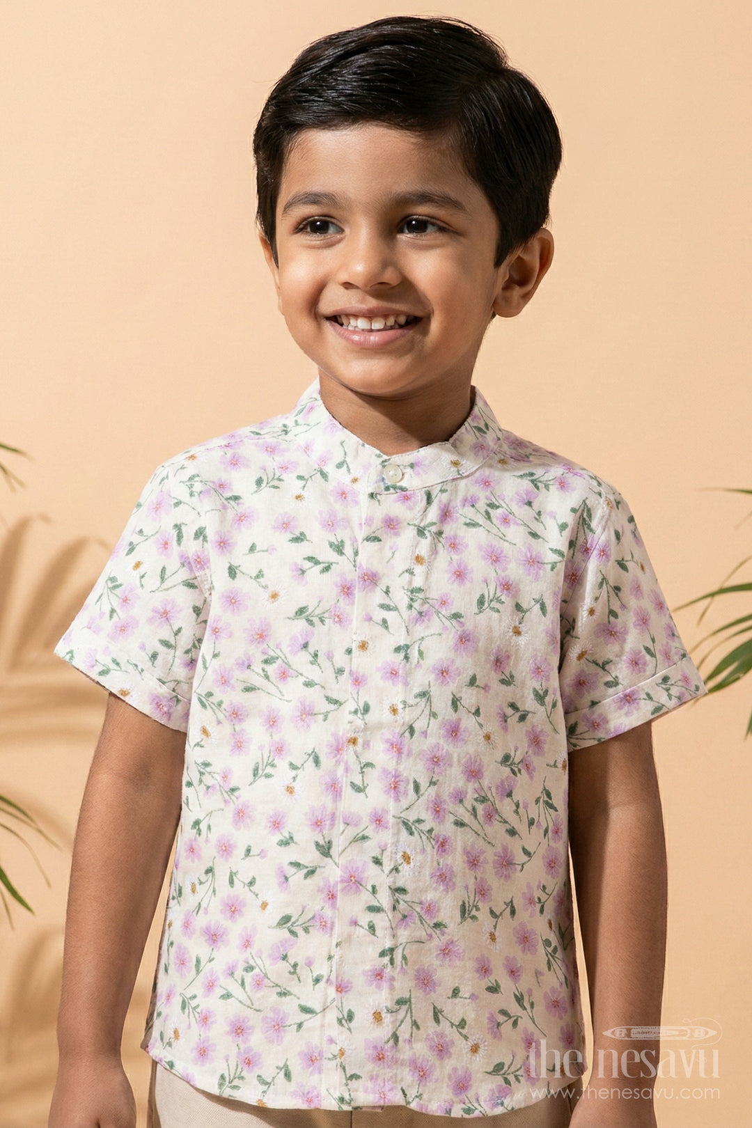 The Nesavu Boys Cotton Shirt Boys Floral Muslin Shirt for Festive Dressing and Casual Celebrations Nesavu 16 (1Y) / Purple BS331A-16 Nesavu boys muslin cotton floral shirt festive wear casual functions ethnic day school