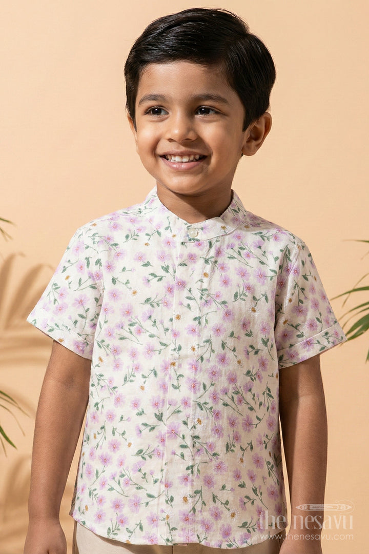 The Nesavu Boys Cotton Shirt Boys Floral Muslin Shirt for Festive Dressing and Casual Celebrations Nesavu 16 (1Y) / Purple BS331A-16 Nesavu boys muslin cotton floral shirt festive wear casual functions ethnic day school