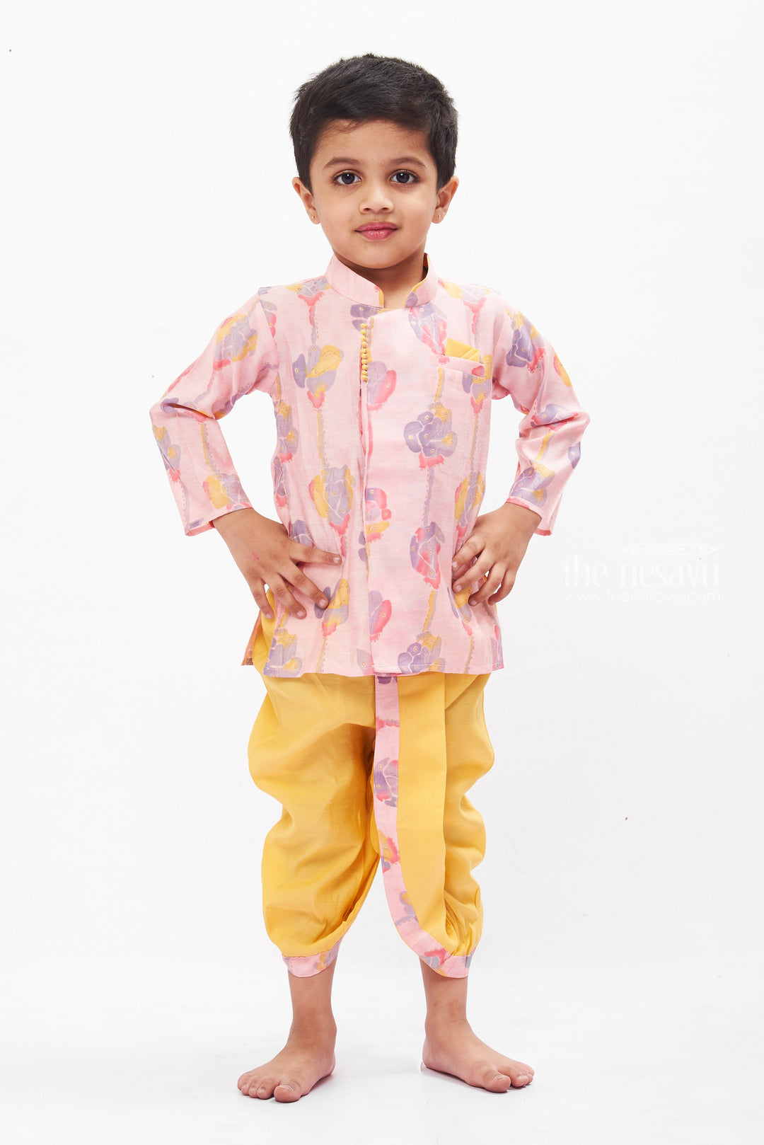 The Nesavu Boys Dothi Set Boys Floral Printed Kurta Shirt with Dhoti and Pant Set - Versatile Festive Attire Nesavu Boys Floral Kurta with Dhoti Pants Set | Colorful Ethnic and Casual Mix | The Nesavu