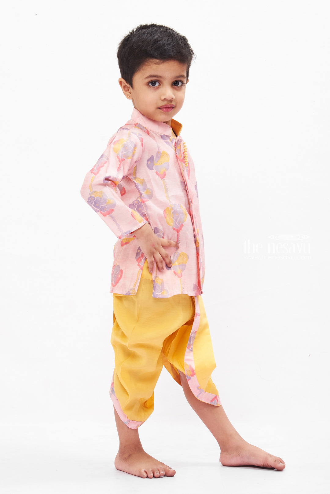 The Nesavu Boys Dothi Set Boys Floral Printed Kurta Shirt with Dhoti and Pant Set - Versatile Festive Attire Nesavu Boys Floral Kurta with Dhoti Pants Set | Colorful Ethnic and Casual Mix | The Nesavu