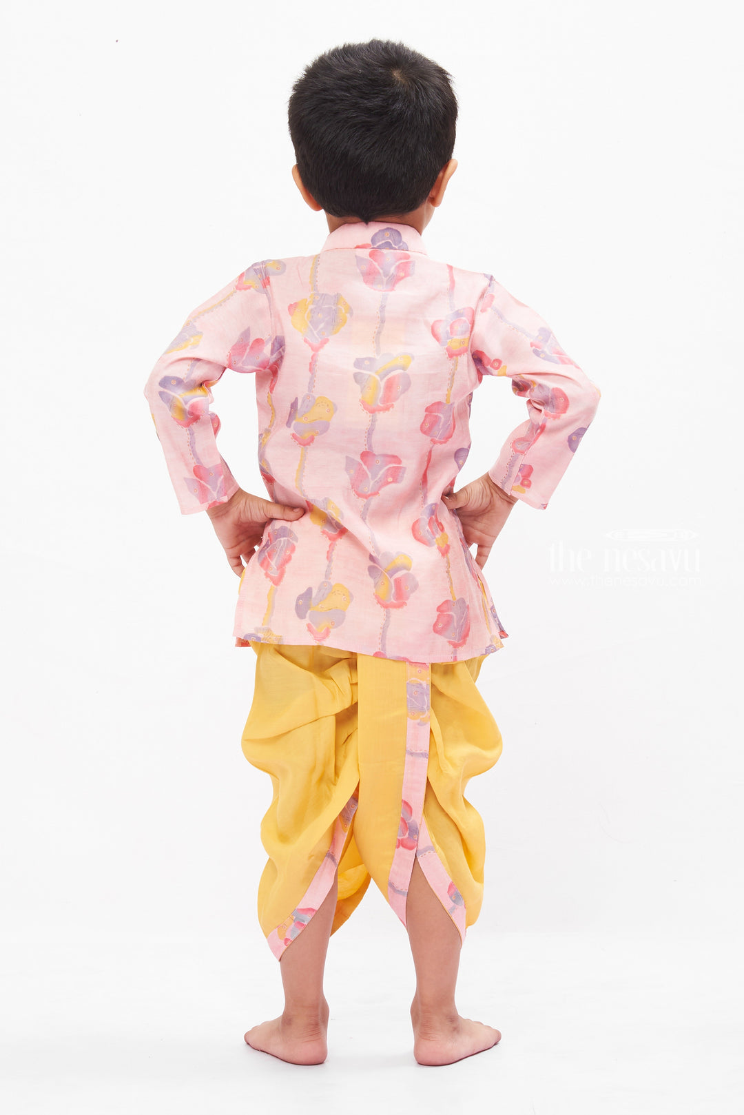 The Nesavu Boys Dothi Set Boys Floral Printed Kurta Shirt with Dhoti and Pant Set - Versatile Festive Attire Nesavu Boys Floral Kurta with Dhoti Pants Set | Colorful Ethnic and Casual Mix | The Nesavu