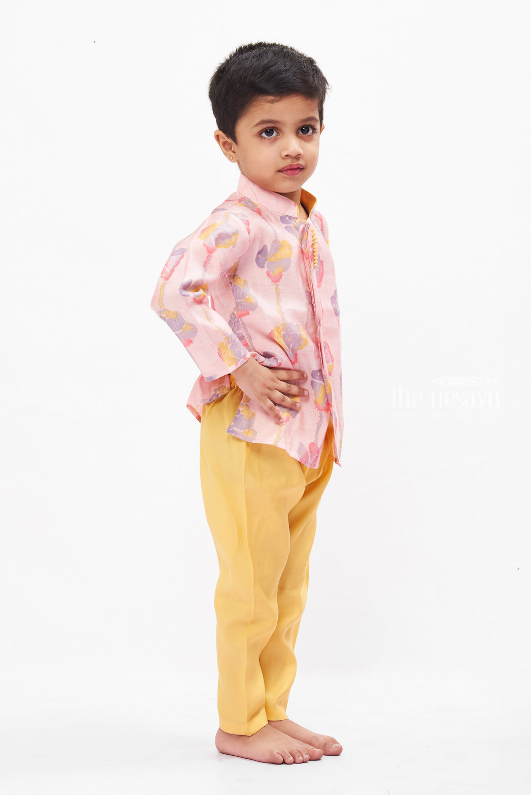 The Nesavu Boys Dothi Set Boys Floral Printed Kurta Shirt with Dhoti and Pant Set - Versatile Festive Attire Nesavu Boys Floral Kurta with Dhoti Pants Set | Colorful Ethnic and Casual Mix | The Nesavu