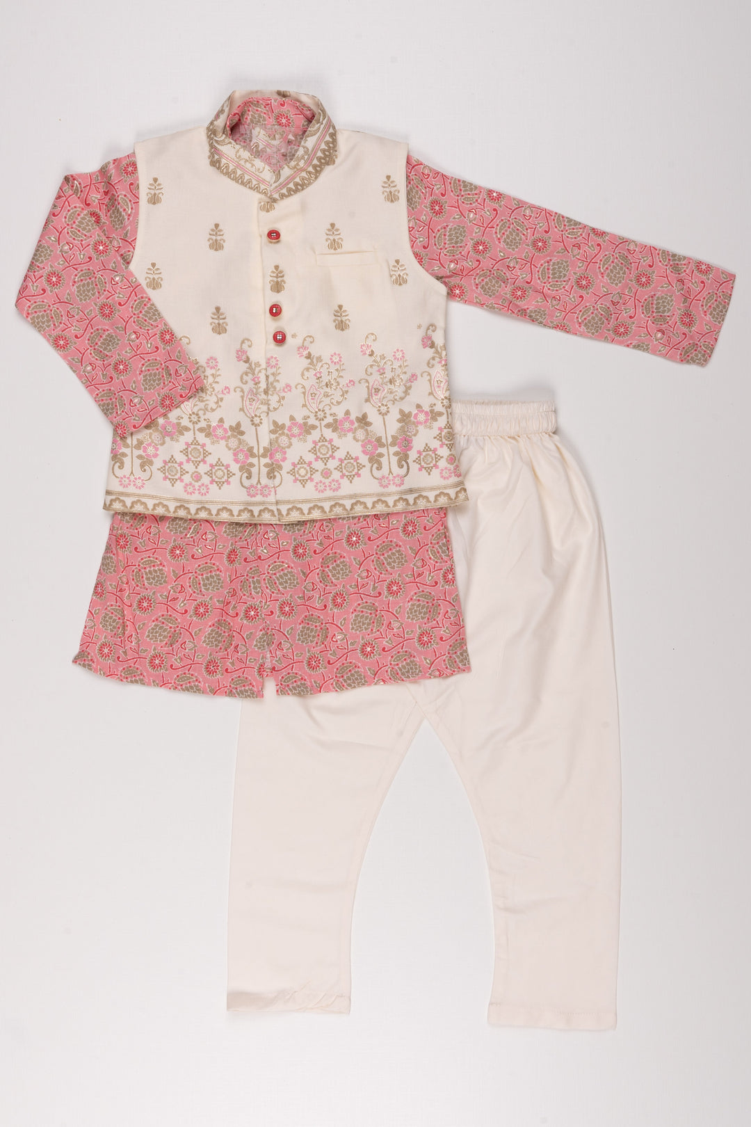 The Nesavu Boys Jacket Sets Boys' Floral Printed Pink Kurta with Half White Overcoat & Pant Set - Traditional Festive Ensemble Nesavu 14 (6M) / Pink / Modal BES404A-14 Festive Floral Printed Pink Kurta Set for Boys: Traditional Half White Overcoat Pant Ensemble | The Nesavu